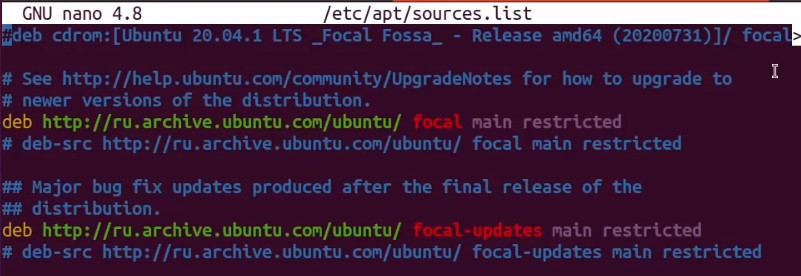 Содержимое файла sources.list linux
