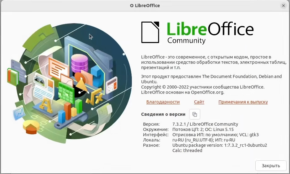 LibreOffice версии 7.3.2.1 Ubuntu 22.04