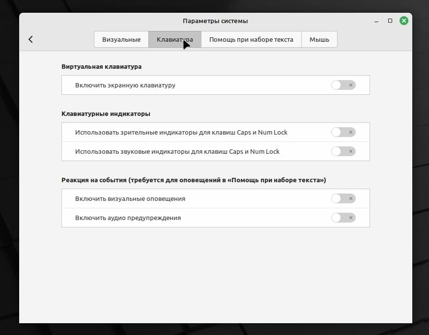 Специальные возможности Linux Mint 21.2 Cinnamon